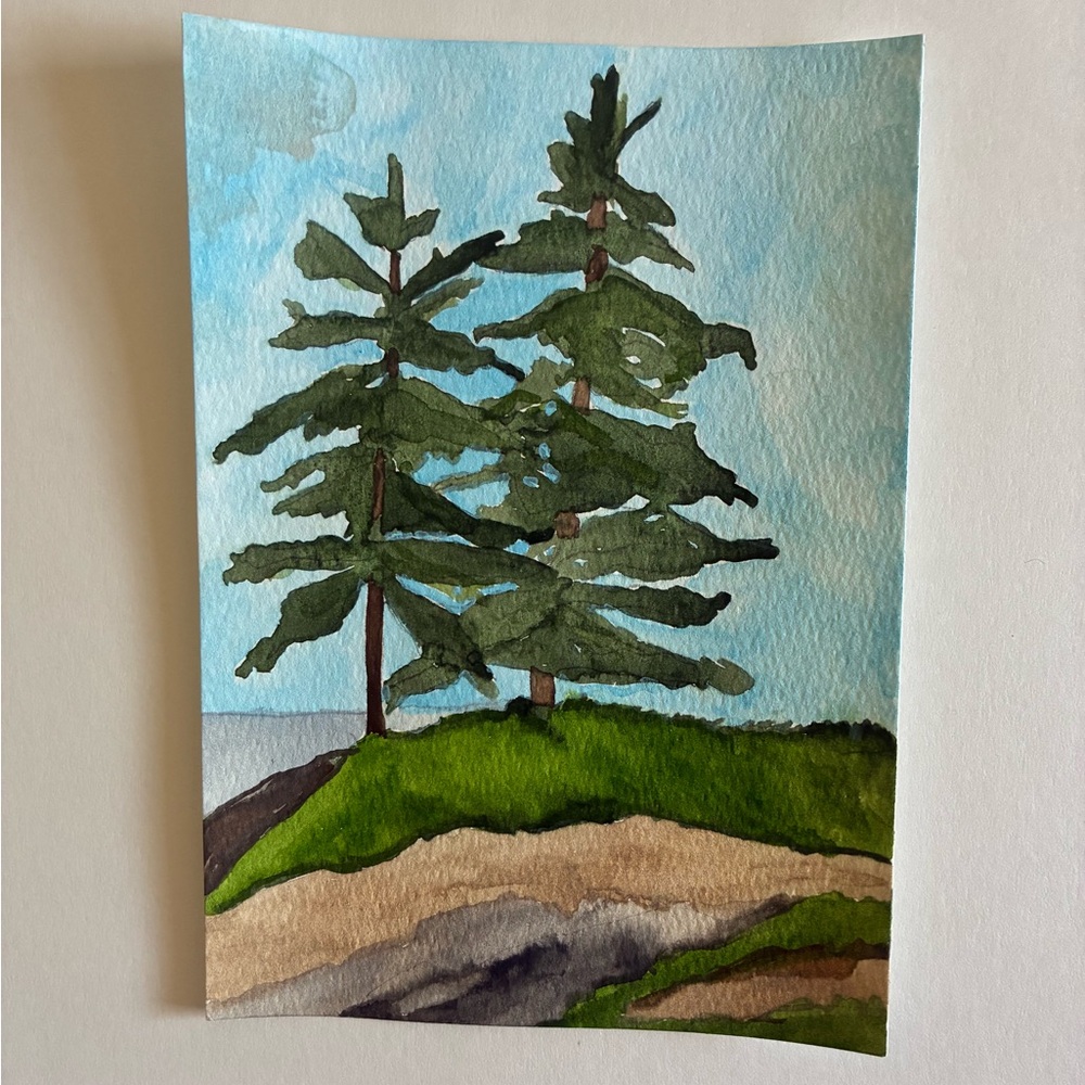 Watercolor Pines Landscape Painting - Green & Blue